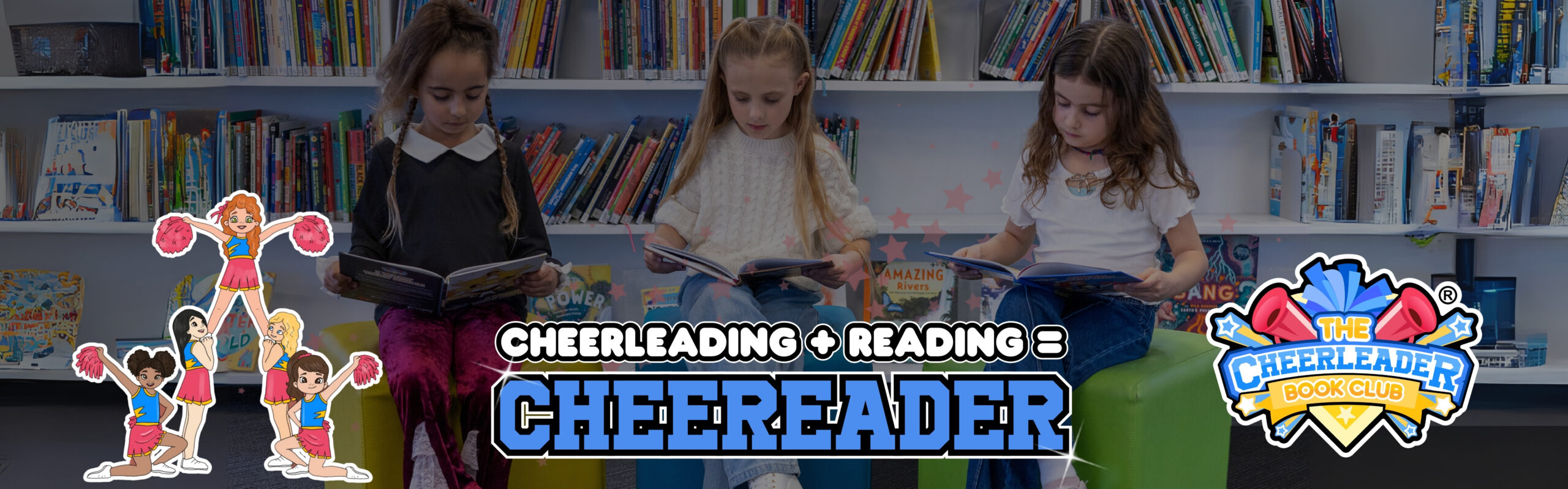 Cheerleaders reading books together in a library